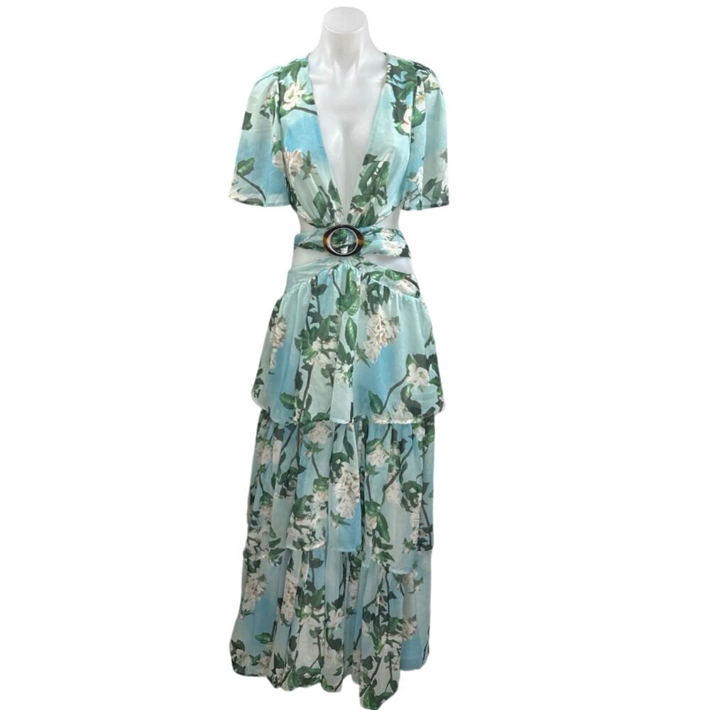 L'atiste by Amy Blooming Gardenia Green Floral Cutout Ruffle Maxi Maxi Dress L